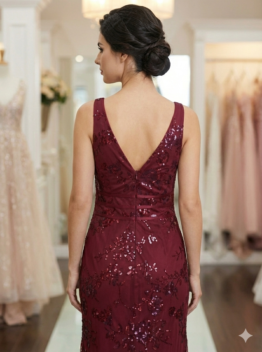 Deep Maroon Sleeveless Deep V-Neck Dress with Sequined Embroidery
