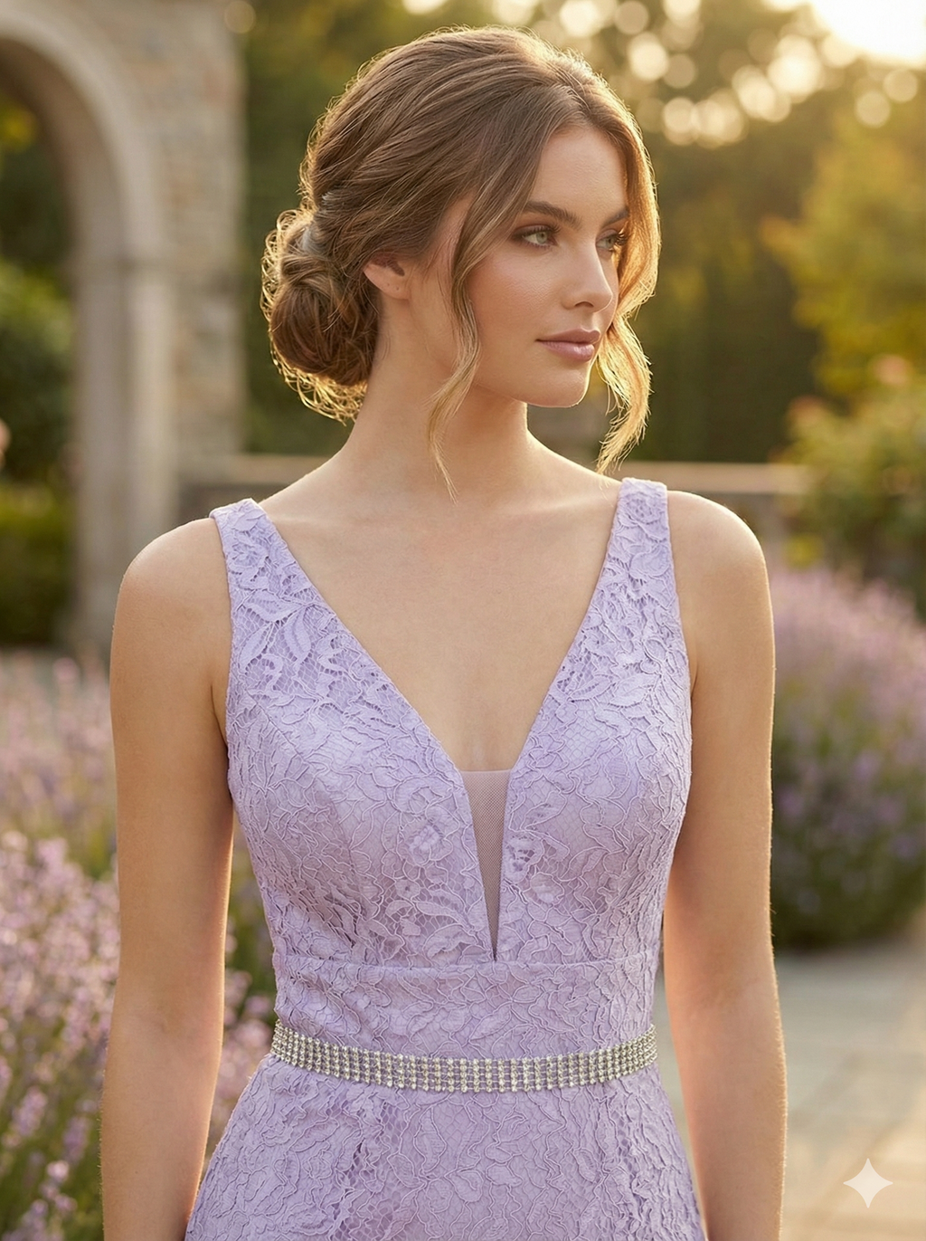 Evening Lavender Fitted V-Neckline Gown with a Left Leg Side Slit and Lace Detailing