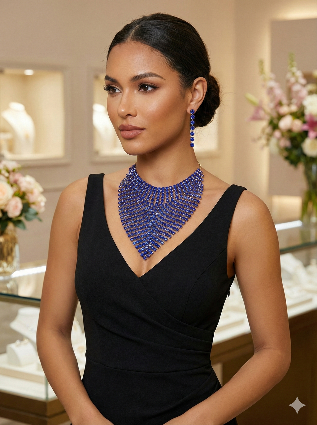 Sapphire Blue Glass and Resin Waterfall Necklace and Earrings Set