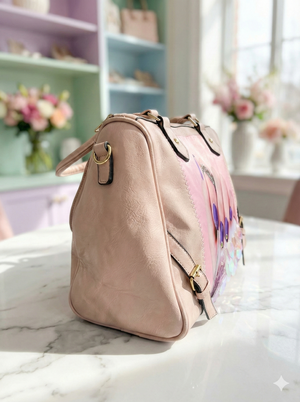 Pink Leather-Look Graphic Print Satchel Handbag