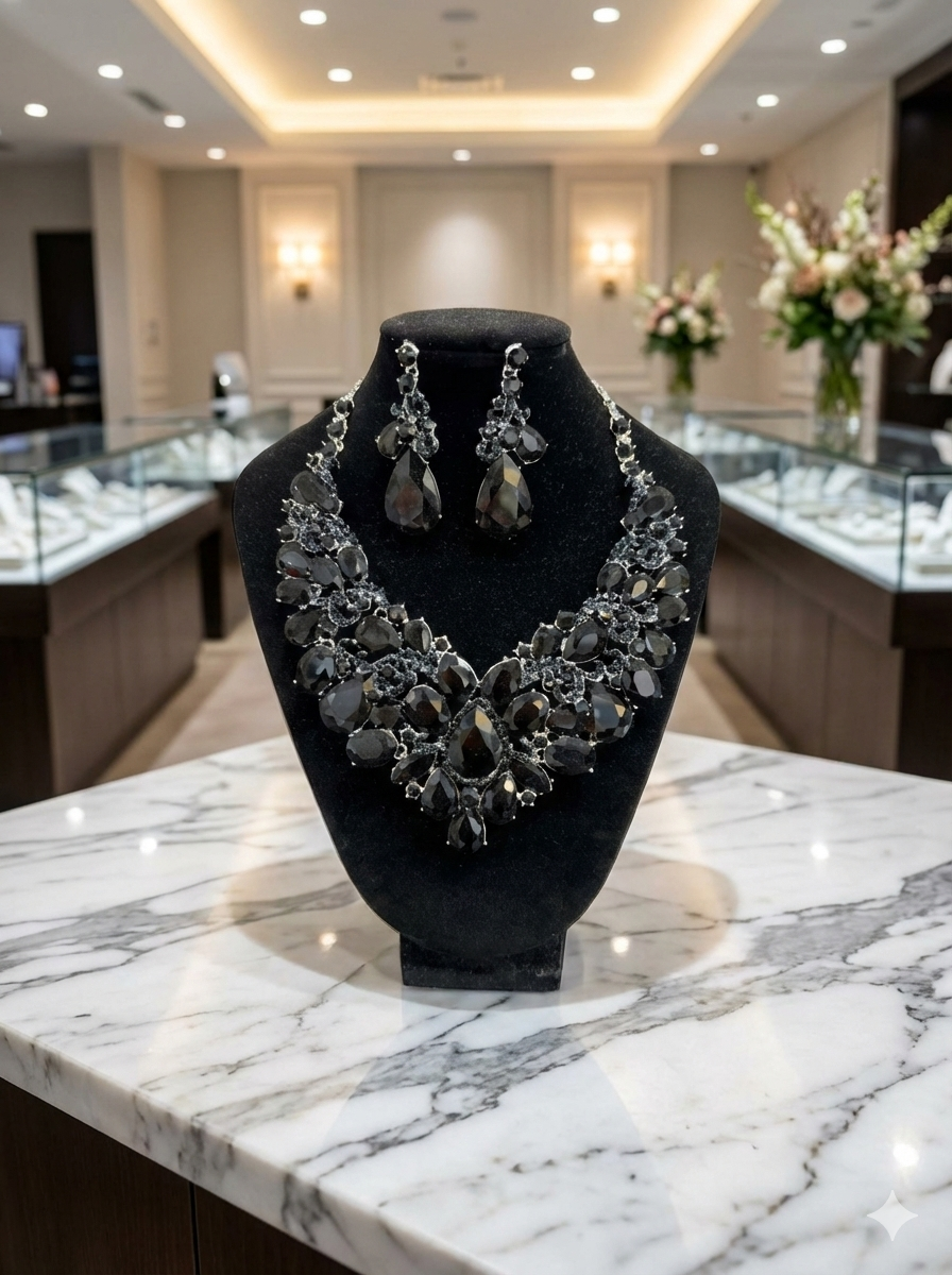 Jet Black Rhinestone Statement Necklace and Earring Set