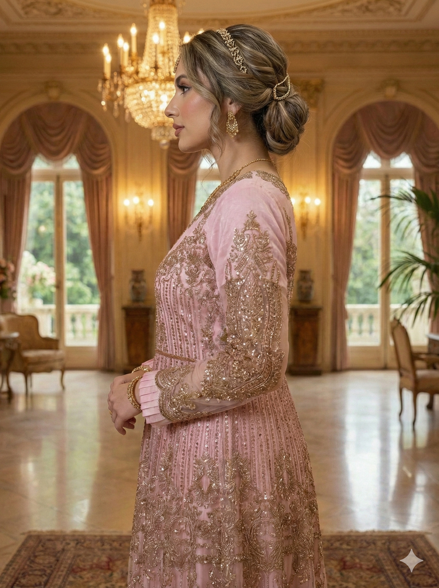 Traditional Desi Pink & Gold Gown Dress