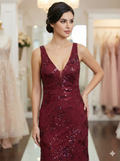 Deep Maroon Sleeveless Deep V-Neck Dress with Sequined Embroidery