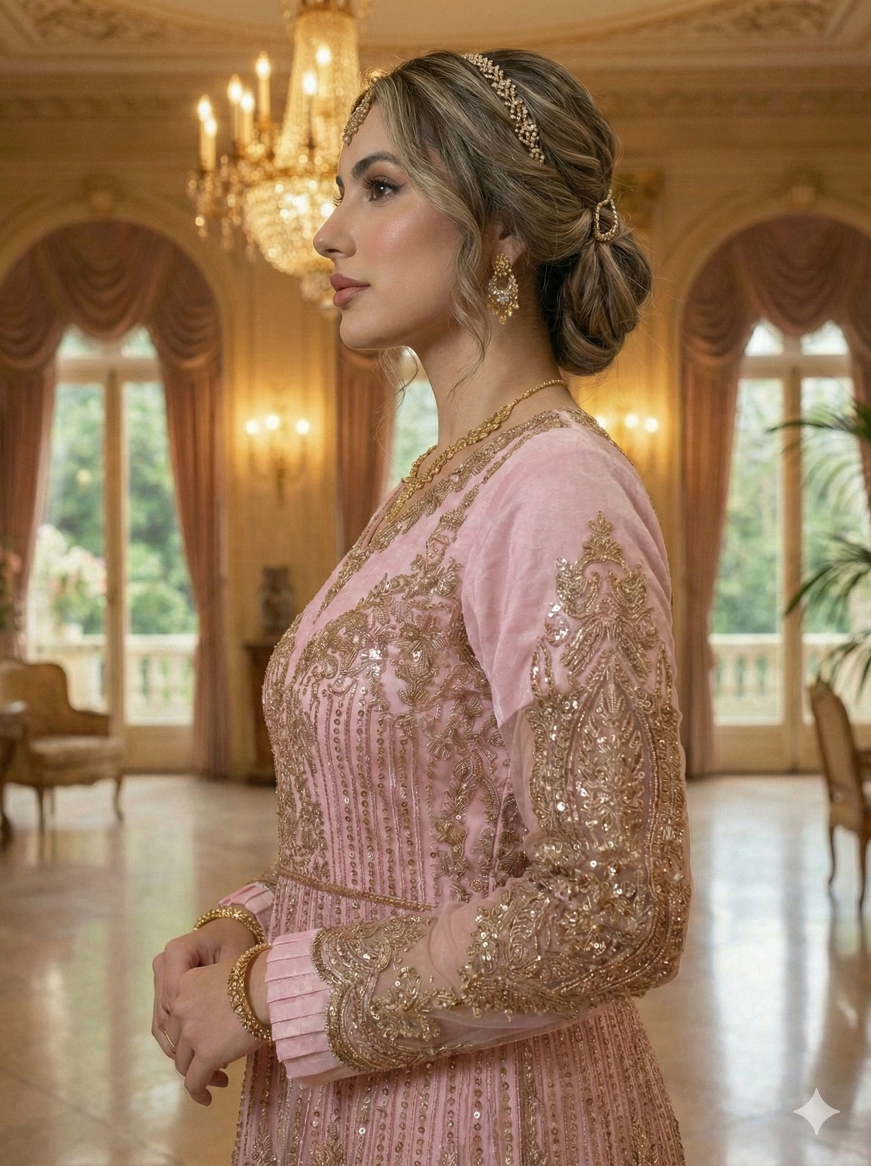 Traditional Desi Pink & Gold Gown Dress