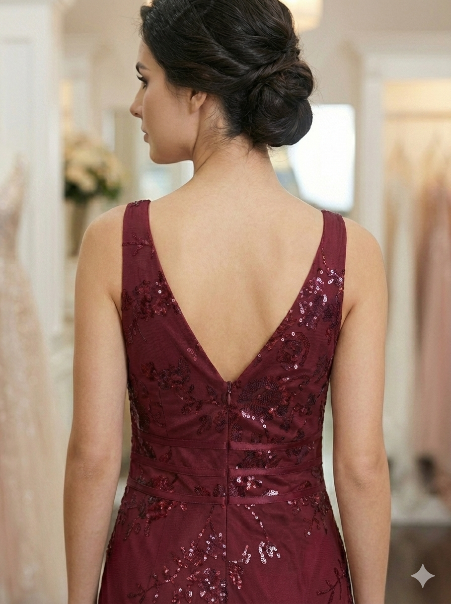Deep Maroon Sleeveless Deep V-Neck Dress with Sequined Embroidery