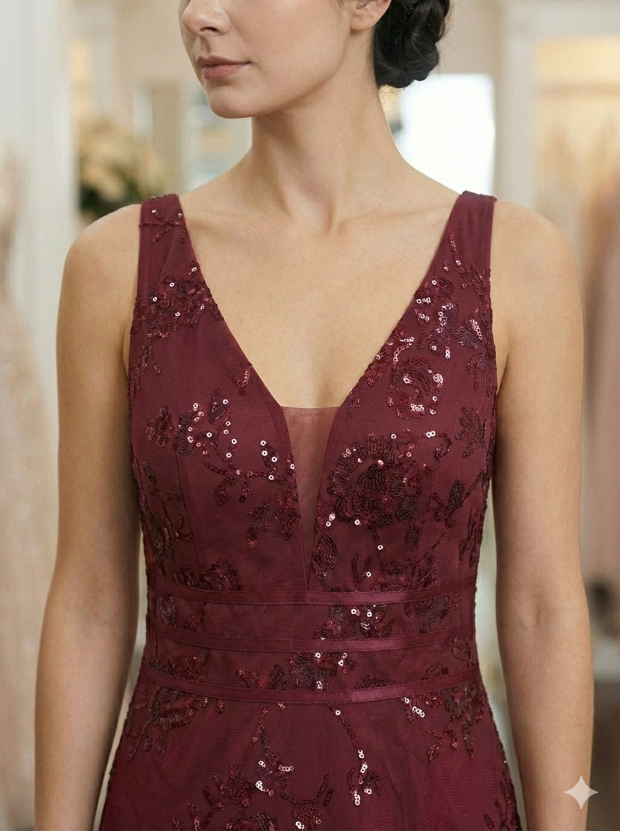 Deep Maroon Sleeveless Deep V-Neck Dress with Sequined Embroidery