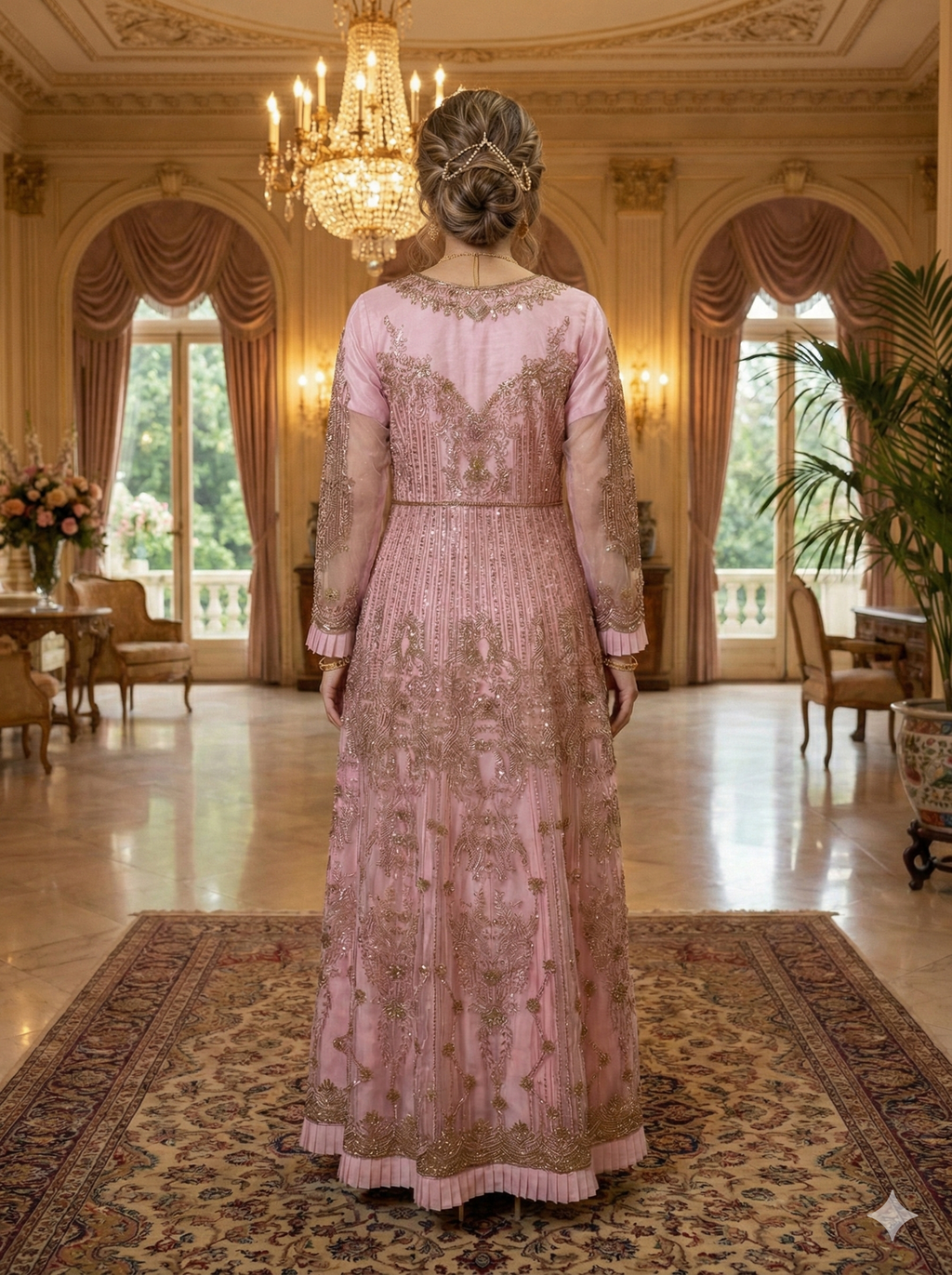 Traditional Desi Pink & Gold Gown Dress