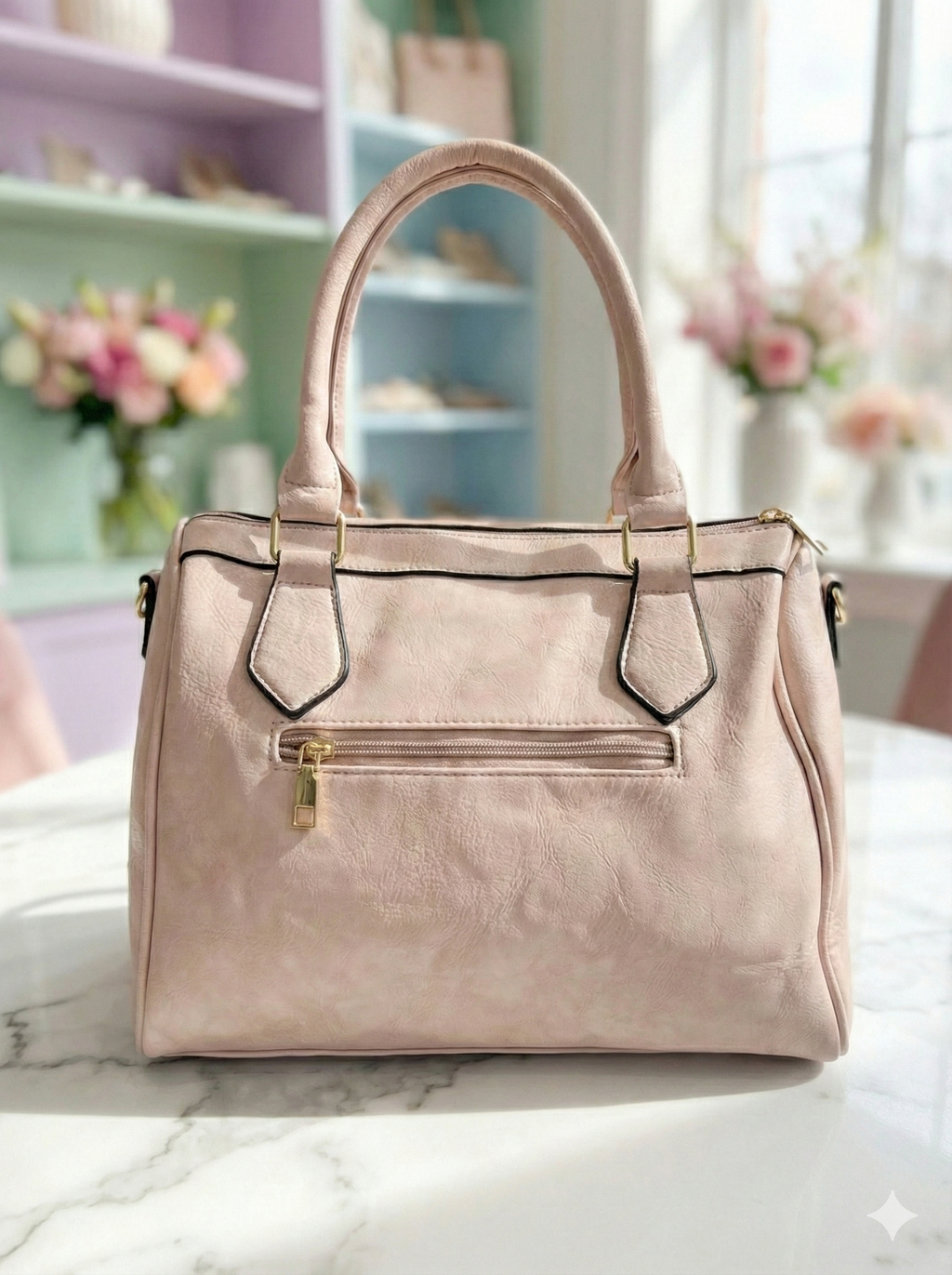 Pink Leather-Look Graphic Print Satchel Handbag