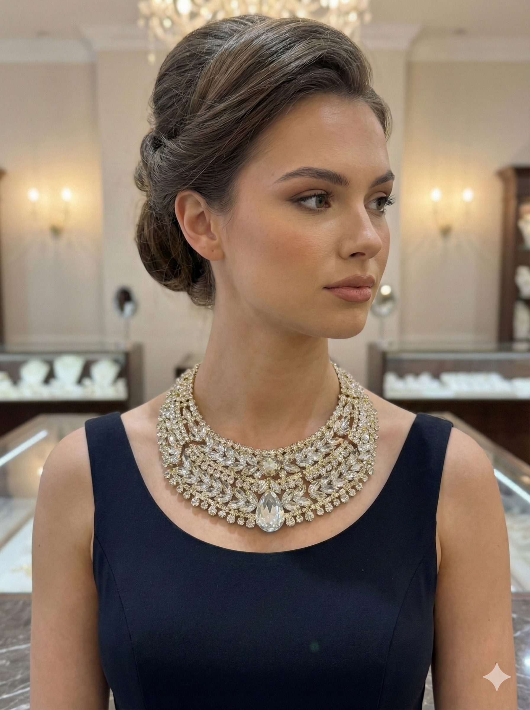 Clear Rhinestone Bib Necklace Silver-Toned