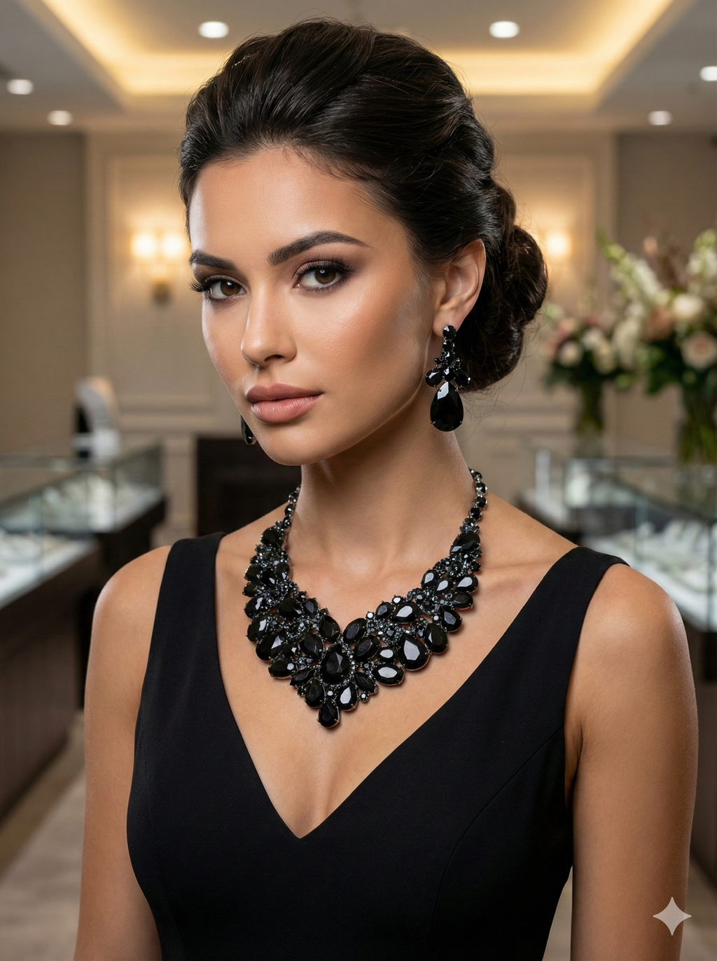 Jet Black Rhinestone Statement Necklace and Earring Set