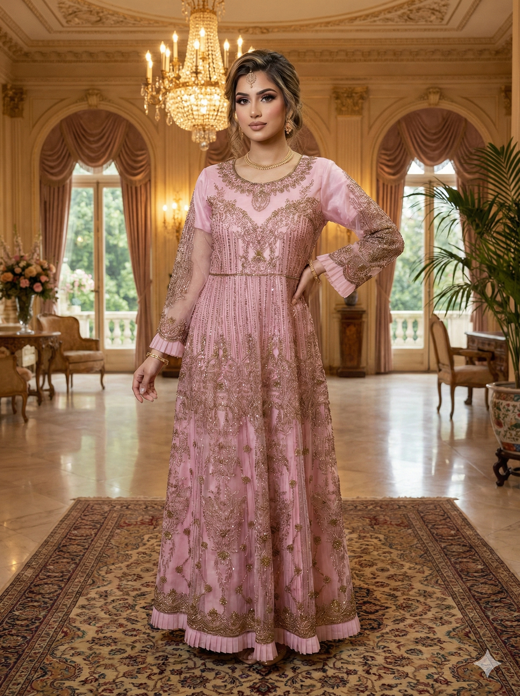 Traditional Desi Pink & Gold Gown Dress