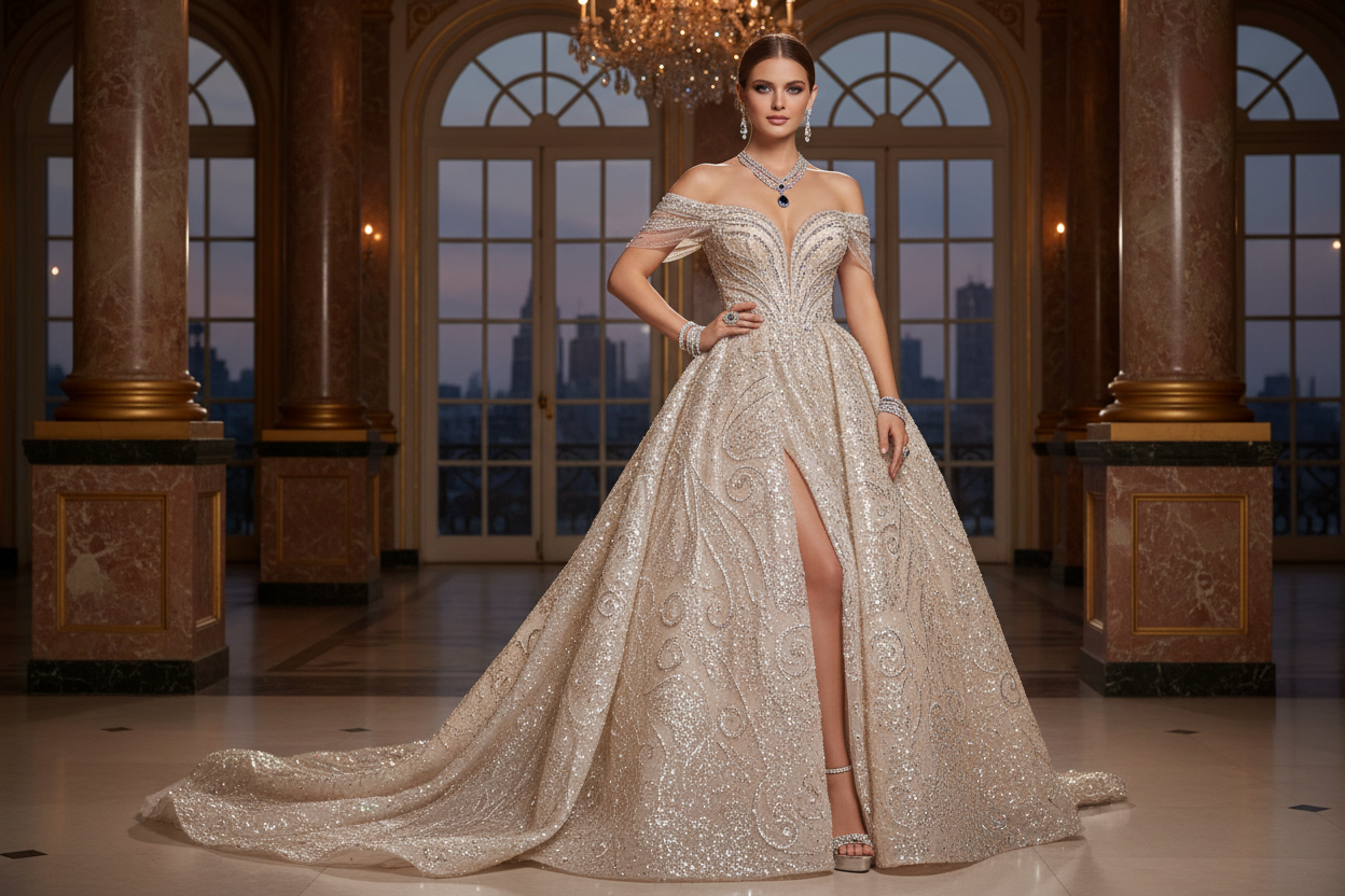 a model wearing a flashy wedding or prom dress with beautiful jewellery 